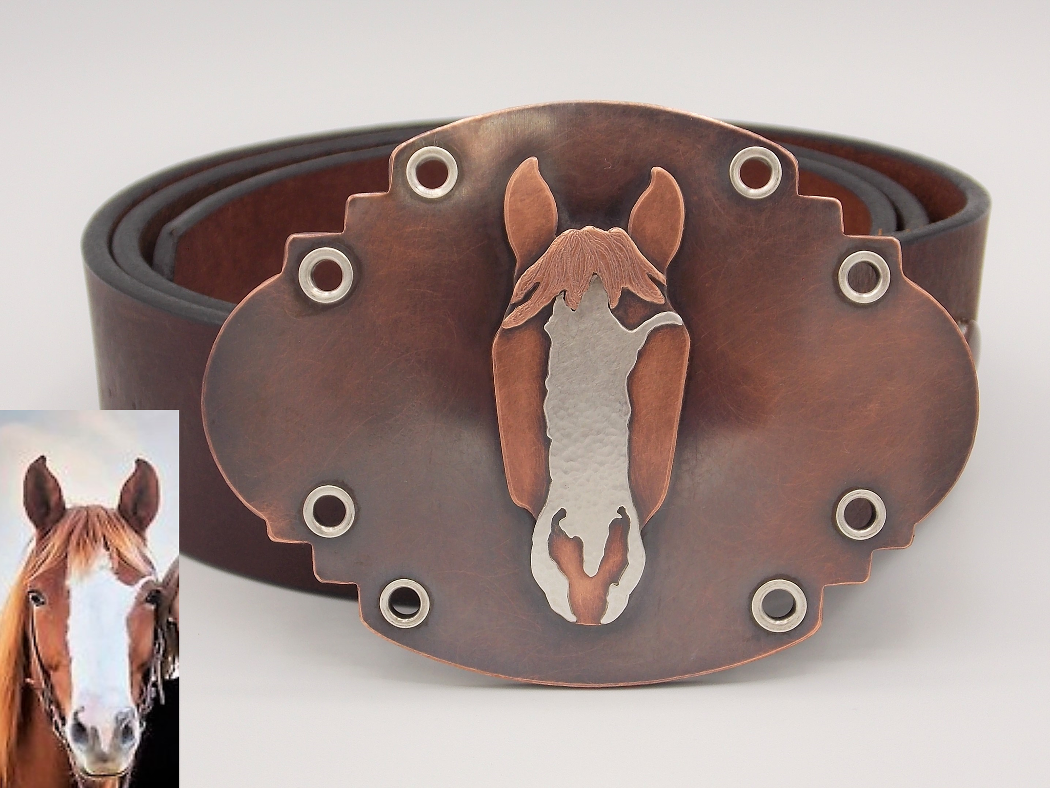 Silver Horse Head Buckle Tan Leather Belt with handmade leather belt. Full Horse Belt main image 2