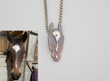 Load image into Gallery viewer, a bay horse with three small markings represented in sterling silver on copper
